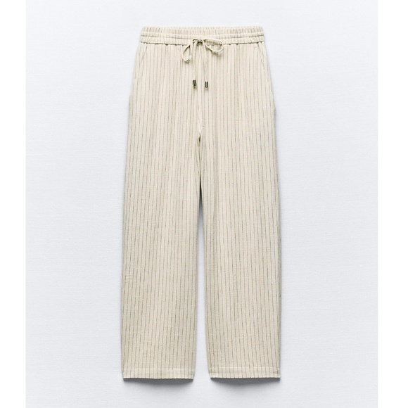 Zara light cream striped linen blend high elastic waist pants NWT - Picture 2 of 10